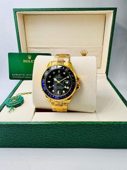 Watch for Men | Gold Finish | Black Dial | Black & Blue Bezel 0047